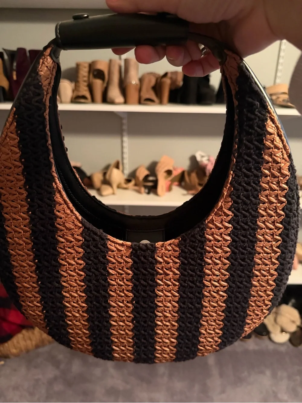 Staud moon raffia - Woven Straw-Style Black and Brown Stripe Dress Hobo Bag